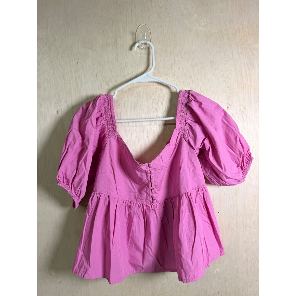 Free People Babydoll Top Women XS Pink Excellent Puff Sleeve Peplum Cotton